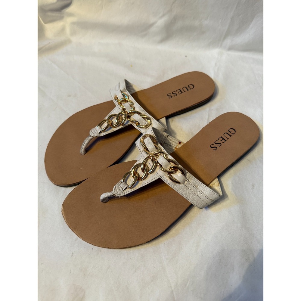 Guess Women's Flip Flop 8M White Gold Leather Chain Casual Slip On Thong Sandals